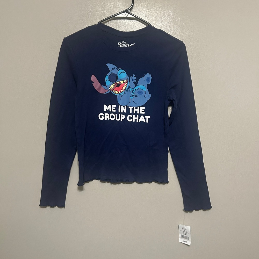 Disney Stitch Graphic Tee Kids M Navy NEW Me In The Group Chat Long Sleeve Play